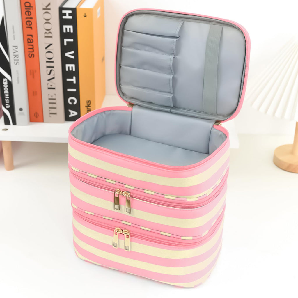 Apxouans Three Layer Makeup Bag for Women Fashion Stripes Cosmetic Bag Preppy Style Travel Water-Resistant Toiletry Bag for Storage Toiletries Cosmetics Sets for Women Teen Girls Pink