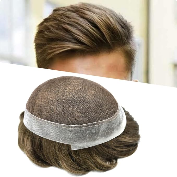 F M FACE MIRACLE NEW YORK Mens Toupee Human Hair Piece French Lace Toupee for Man Hair System Indian Human Hair Replacement Systems V-Looped PU Front Hairpieces 7"X9" 6# LIGHT BROWN