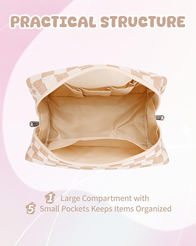 Narwey Birthday Gifts for Women Teen Girls Kids Personalized Initial Checkered Makeup Bag Cute Cosmetic Bag Trendy Stuff 6 8 10 11 12 13 14 16 18 Years Old Travel Toiletry Bag (Brown Letter K)