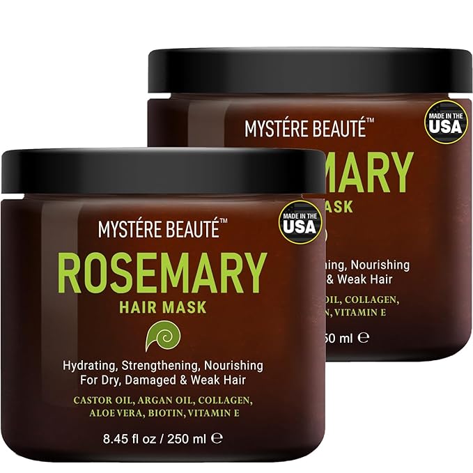 MYSTÉRE BEAUTÉ Rosemary Deep Conditioning Hair Mask for Dry Damaged Hair and Growth with Collagen Argan Oil - Rosemary Oil Leave in Conditioner aceite de romero puro y natural 8.5 fl oz x 2 Pack