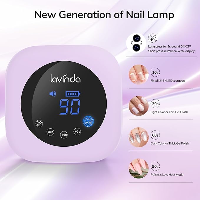 Lavinda LED Nail Lamp Rechargeable UV Light for Gel Nails Macaron Purple
