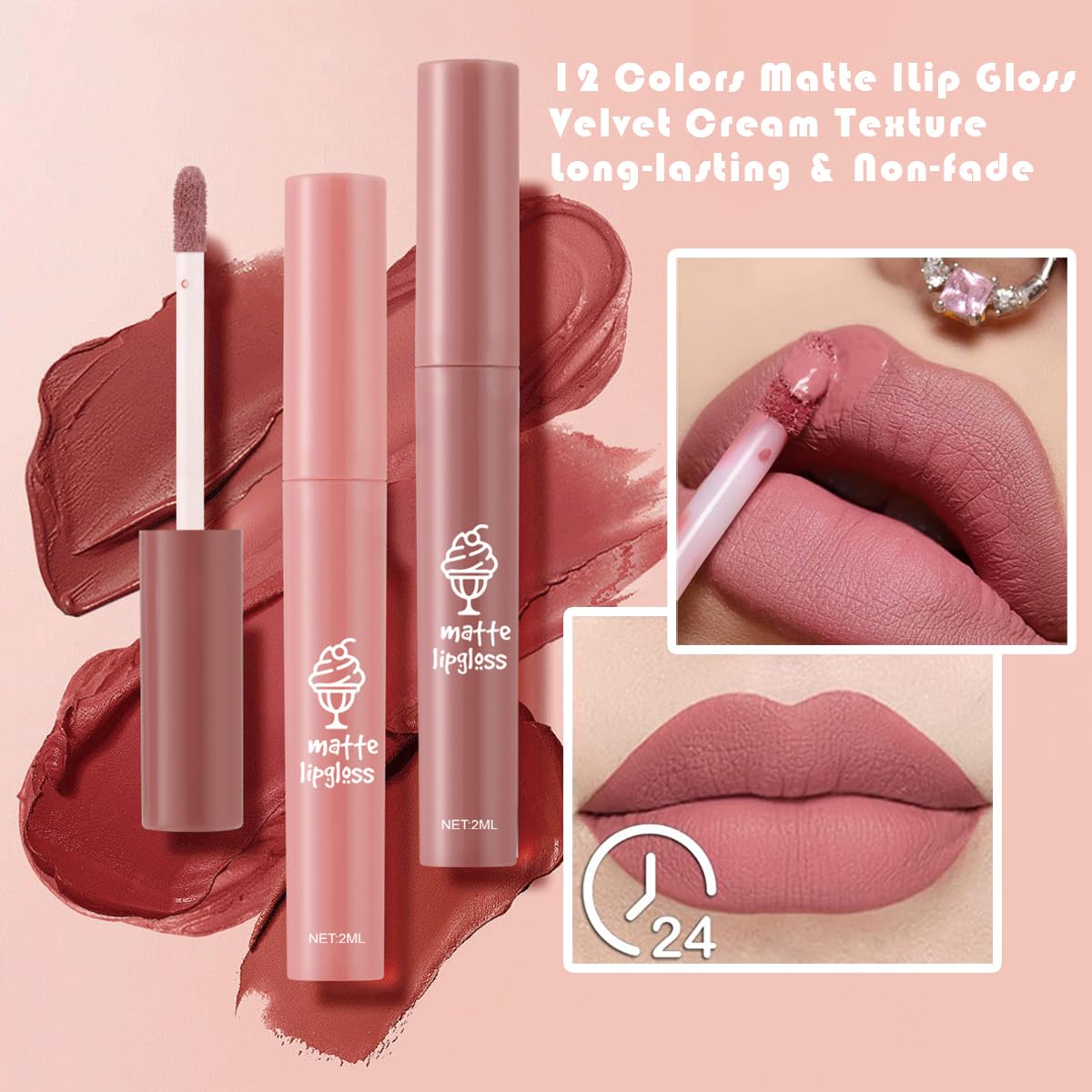 Tiejdhr 3Pcs Nude Matte Lipstick Set, Ice Cream Velvet Smooth Matte Lip Gloss, 24 Hour Natural Long Lasting & Nourishing Lip Glaze Non-stick Cup for Women Makeup (Set C)