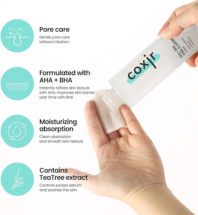 coxir AHA BHA Pore Clearing Toner with Niacinamide & Tea Tree, Korean Skincare for Pore Minimizing, Blackhead & Oil Control [150ml / 5.07 fl.oz]