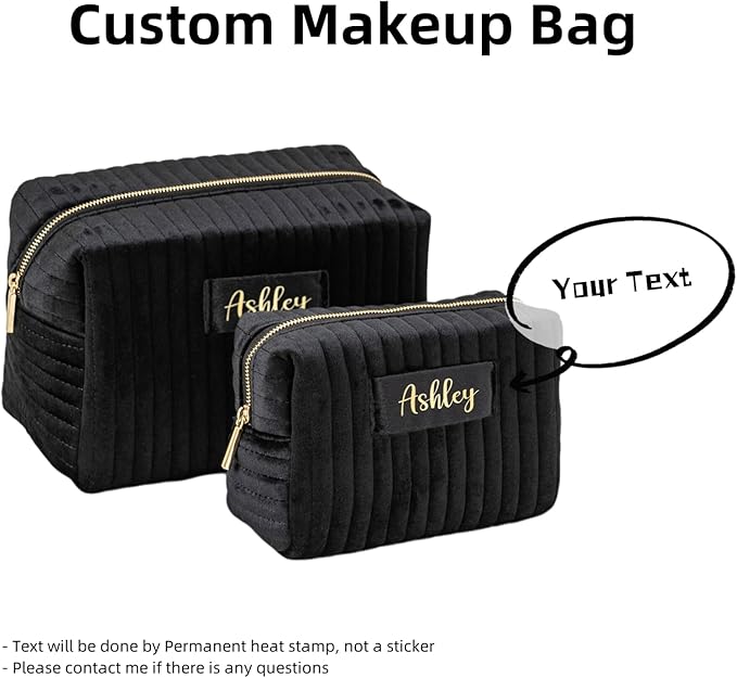 Snirov Personalized Makeup Bag, Black Velvet Custom Name Travel Makeup Bag for Women Teen Girls Birthday Gifts Mothers Day Gifts for Mom