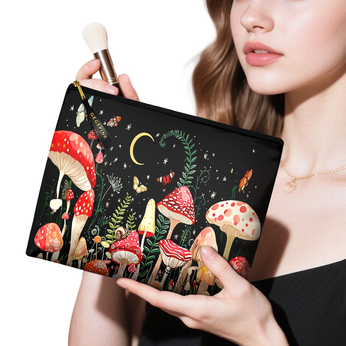 GEGEPINK Cute Makeup Bag for Purse Waterproof Cosmetic Bags for Women Funny Smooth Zipper Travel Toiletry Pouch 10X8 Inches-Mushroon Makeup pouch