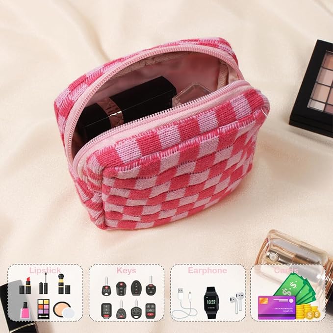 FFpaw 2 Pieces Makeup Bag Set, Small Pink Checkered Cosmetic Bag Travel Toiletry Organizer Mini Cosmetic Pouch Case Makeup Brushes Cute Quilted Aesthetic Accessories Storage Bag for Women