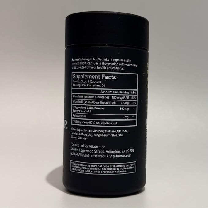 VitaArmor Polypodium Leucotomos 240mg, Skin Care Supplement, Fights the Signs of Photoaging, Dermatologist Developed, 60 Capsules, SunArmor