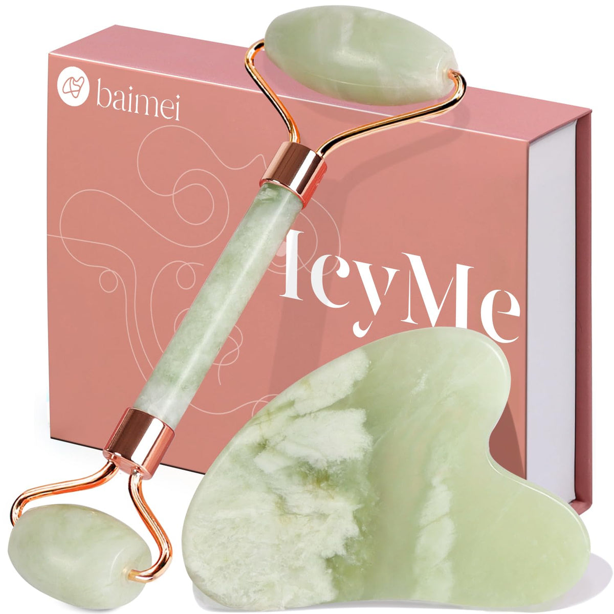 BAIMEI IcyMe Jade Roller & Gua Sha Facial Tool Set for Face Depuffing