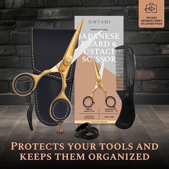 Ontaki Beard & Mustache Scissors & Combs - 5.5" Japanese Steel, Gold Brass
