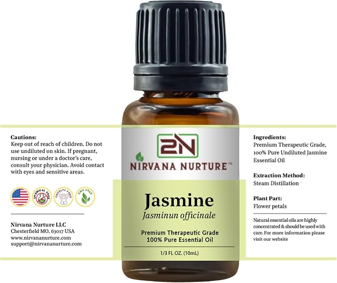 Nirvana Nurture Jasmine Essential Oil, 100% Pure Undiluted, Aromatherapy Oil for Diffuser, Hair & Skin Care