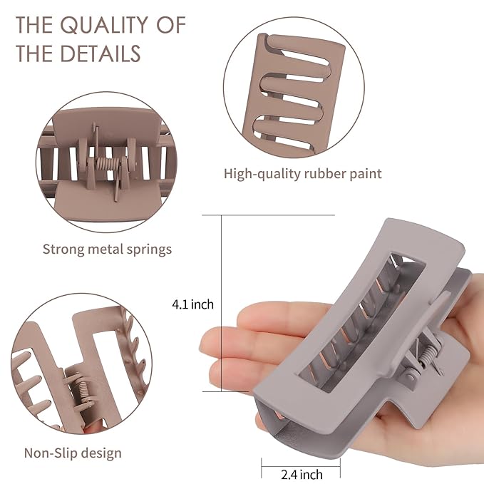 Sisiaipu 4 Inch Big Hair Claw Clips 6 Pcs Large Claw for Thick Hair Square Hair Clips for Women Rectangle Hair Clips Nonslip Acrylic Banana Jaw Clips Hair Accessories for Girls (Chocolate)