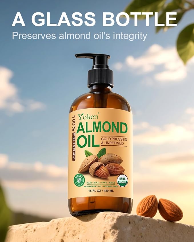 Yoken Organic Almond Oil 16 oz Glass Bottle, Cold Pressed for Skin & Hair
