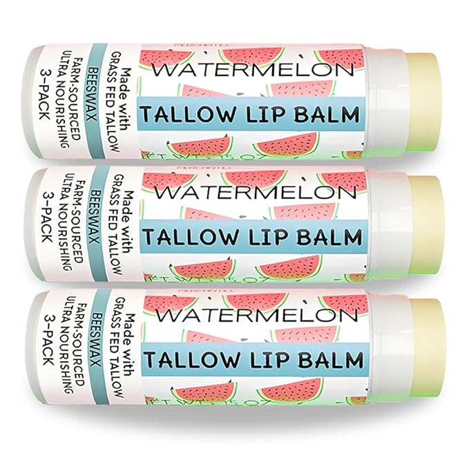 Tallow Lip Balm by Cattle Creek – All-Natural Ingredients, Long-Lasting Moisture and Hydration for Dry, Cracked, and Chapped Lips, Soothing Formula for Soft Skin (Pack of 3, Watermelon)