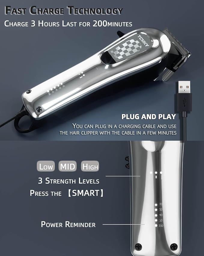 TCMKY Hair Clippers for Men Cordless&Corded Barber Clippers for Hair Cutting & Grooming Professional Hair Trimmer for Men Rechargeable Hair Trimmer Kit for Household (Silvery)