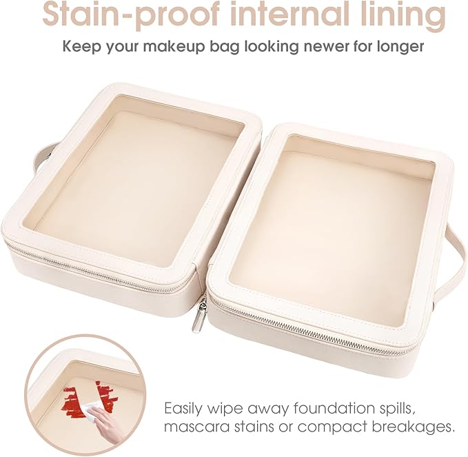 idoltimes Clear Makeup Bag,Large Toiletry Case for Women,PU Leather Travel Cosmetic Bag,Detachable Makeup Case,Double Compartment Make up Organizer