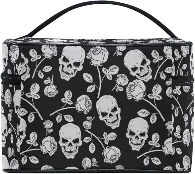 MNSRUU Skull Makeup Bag, Skull Rose Gothic Makeup Organizer Bags Toiletry Bag Box Travel Cosmetic Bag Make Up Train Case for Women Teen Girl Ladies