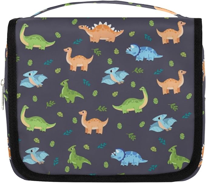 OMFUNS Cute Dinosaur Hanging Travel Toiletry Kit Bag with Hook for Men and Boys, Cartoon Dino Makeup Case Waterproof Cosmetic Bag Storage Bag Organizer for Accessories Toiletries