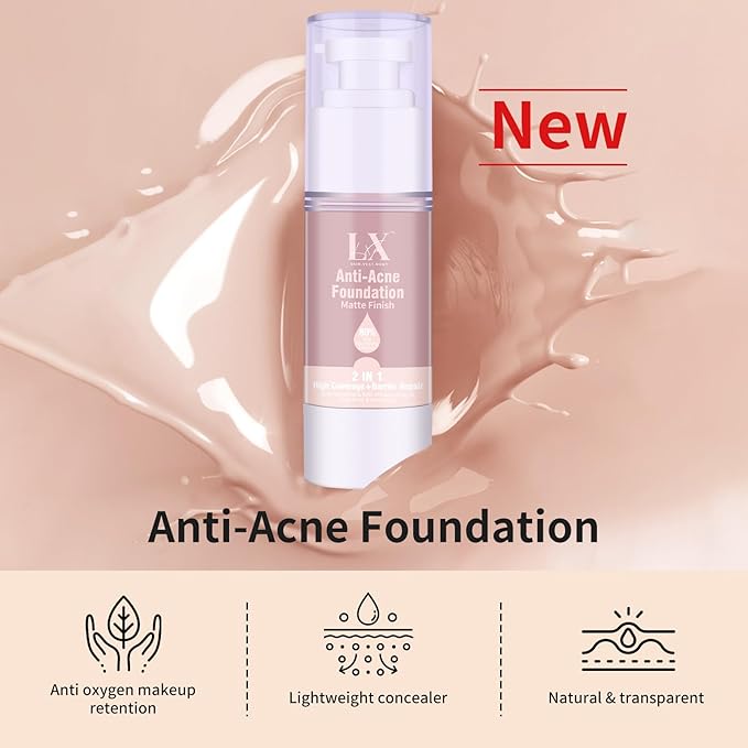 LXSKN Acne-serum Foundation with Salicylic Acid & Vitamin E, Sensitive Skin Foundation Vegan & Non-Comedogenic for Acne Skin Care (Medium-209)