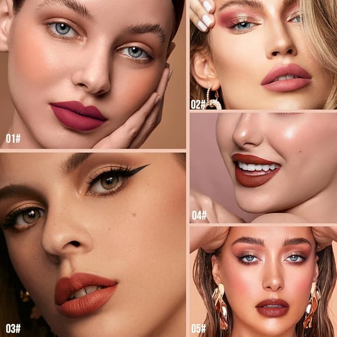 Hxssll Matte Lip Stain – High Pigment Non-Transfer Matte Liquid Lipstick, Long-Lasting Waterproof Smudge-Proof Lip Color, Lightweight Comfortable Velvet Finish Lip Tint 03#（5PCS）
