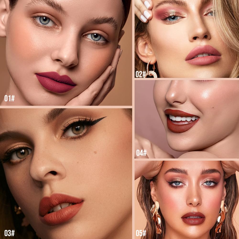 Hxssll Matte Lip Stain – High Pigment Non-Transfer Matte Liquid Lipstick, Long-Lasting Waterproof Smudge-Proof Lip Color, Lightweight Comfortable Velvet Finish Lip Tint 03#（5PCS）