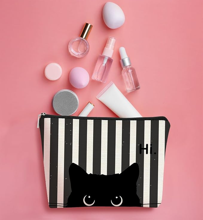 BARPERY Striped Cat Makeup Bag - Small Cute Cosmetic Bag for Women & Teen Girls - Black Cat Purse Gift for Cat Lovers & Owners