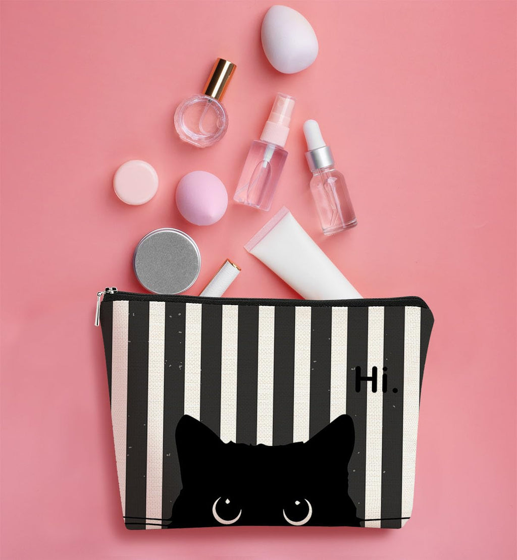 BARPERY Striped Cat Makeup Bag - Small Cute Cosmetic Bag for Women & Teen Girls - Black Cat Purse Gift for Cat Lovers & Owners