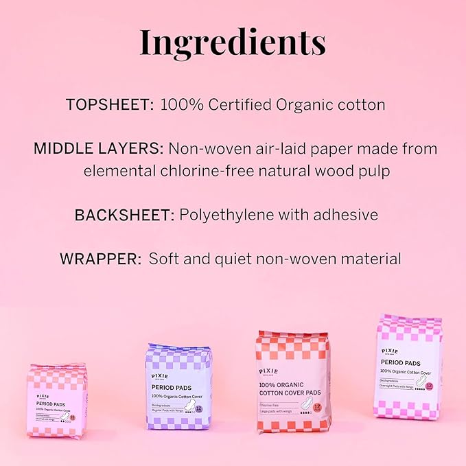 Pixie Organic Pads Ultra Thin Regular Long Cotton Pads with Wings – Comfortable, Leak-Proof Protection for Everyday Flow – Hypoallergenic, Unscented, Soft & Breathable – Eco-Friendly, 12 Count