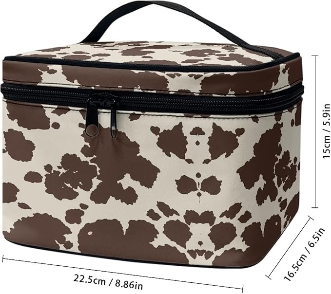 Drydeepin Cute Brown Cow Cowhide Design Travel Makeup Bags for Women and Portable Tote Cosmetic Case with Carry Handle Toiletry Accessories Storage Organizer Bags
