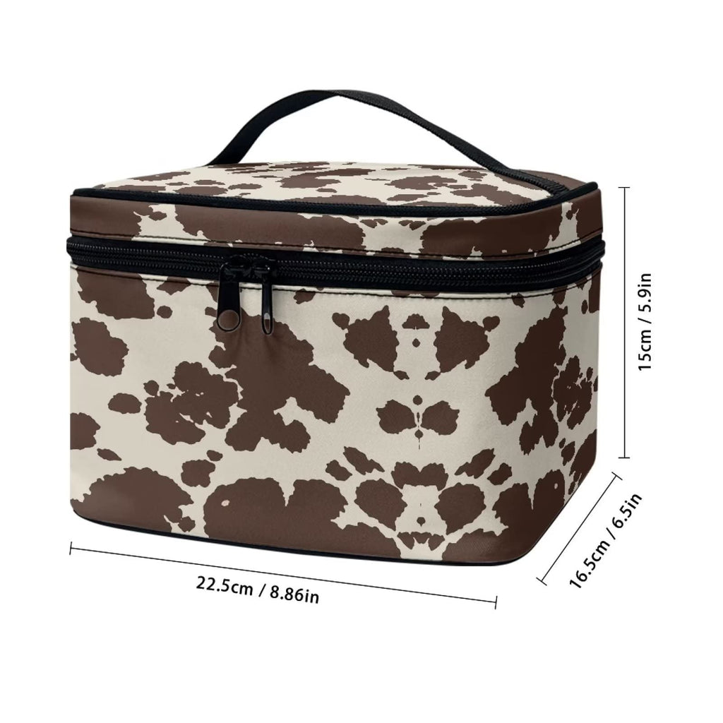 Drydeepin Cute Brown Cow Cowhide Design Travel Makeup Bags for Women and Portable Tote Cosmetic Case with Carry Handle Toiletry Accessories Storage Organizer Bags
