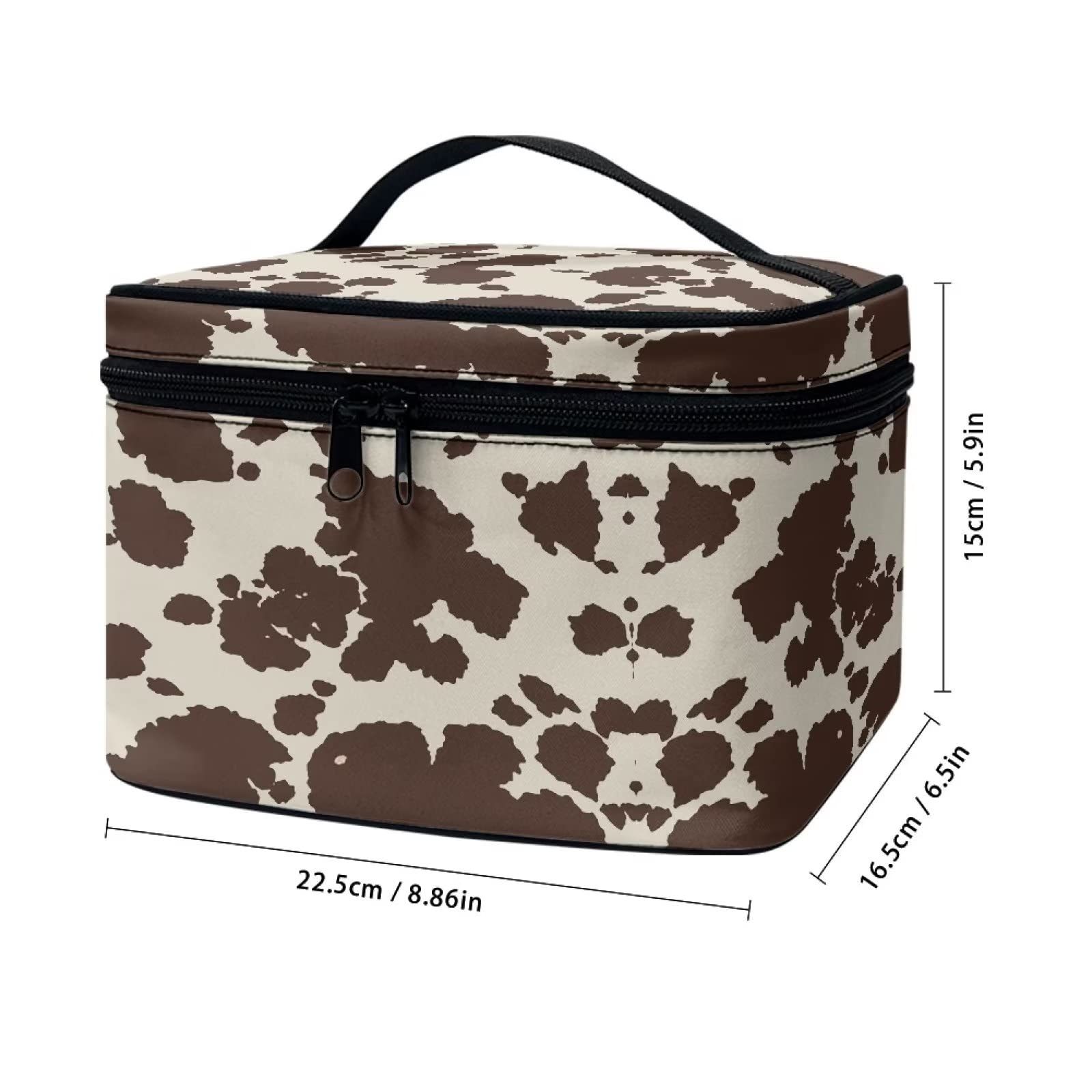 Drydeepin Cute Brown Cow Cowhide Design Travel Makeup Bags for Women and Portable Tote Cosmetic Case with Carry Handle Toiletry Accessories Storage Organizer Bags