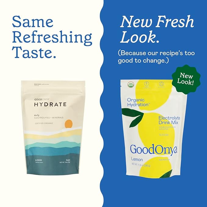 GoodOnya Organic Hydration Electrolyte Drink Mix, Certified Organic Hydration Powder, Non-GMO, Biochecked Glyphosate Free, Low Sugar, Lemonade Flavor, No Artificial Flavors, 42 Servings