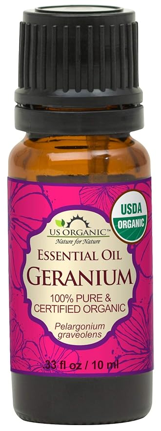 US Organic 100% Pure Geranium Essential Oil - USDA Certified Organic, Steam Distilled - W/Euro droppers (More Size Variations Available) (10 ml /.33 fl oz)