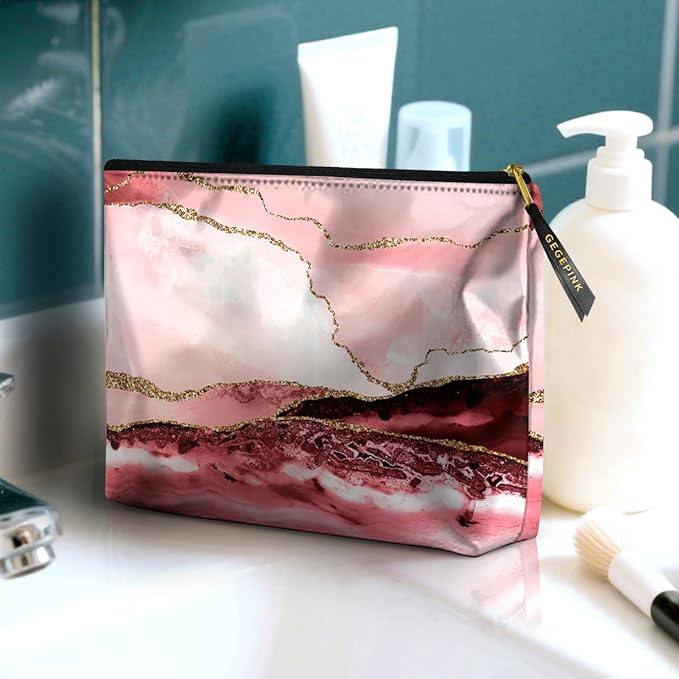 GEGEPINK Cute Makeup Bag for Purse Waterproof Cosmetic Bags for Women Funny Smooth Zipper Travel Toiletry Pouch 10X8 Inches-Pink Marble Makeup pouch