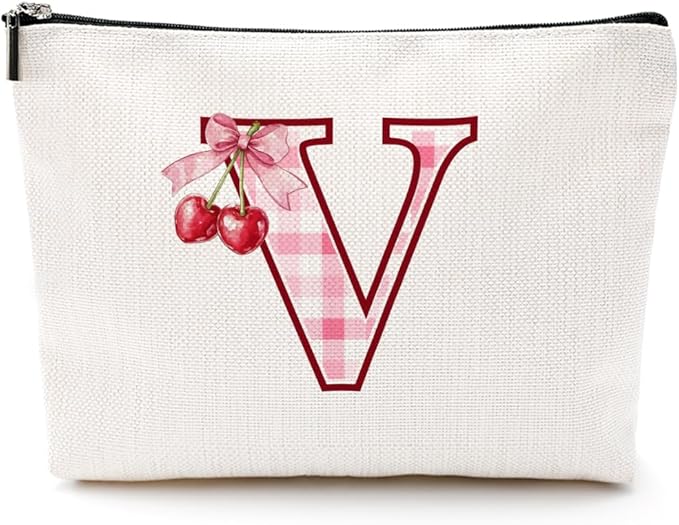 CQM Cherry Bag Initial V Makeup Bag Cherry Gifts for Women Cosmetic Bags