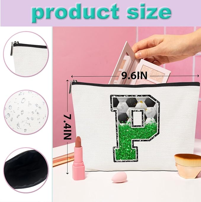 CQM Soccer Gifts Initial Makeup Bag Soccer Girl Gifts Cosmetic Bag Letter P