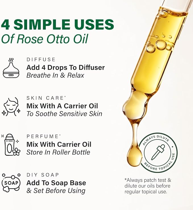 100% Pure Rose Otto Oil - 4 Fl Oz Rose Otto Essential Oil for Hair, Skin, Diffuser, Aromatherapy & DIY Soap Making Scent