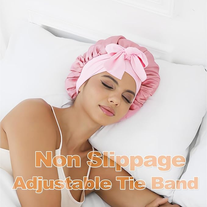 GDTOGRT Satin Silk Bonnet for Sleeping Women,Double Layer Sleep Hair Bonnets Caps for Curly Natural Hair with Tie Band - Pink
