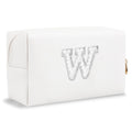 Small Personalized Initial A-Z Preppy Patch Makeup Bag,White PU Chenille Letter Travel Cosmetic Pouch with Zipper,Cute Toiletry Bag,Gift Ideal for Teen Girls Women Teacher Bridesmaid,Letter W