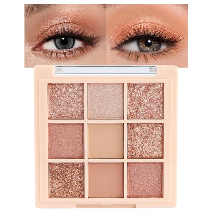 CAKAILA 9Colors Champagne Rose Gold Eye Shadow Palette Makeup,Shimmer Pink Eyeshadow Palette Nude Glitter Sparkly Eye Shadows Long Lasting Waterproof Blendable Naturing-Looking