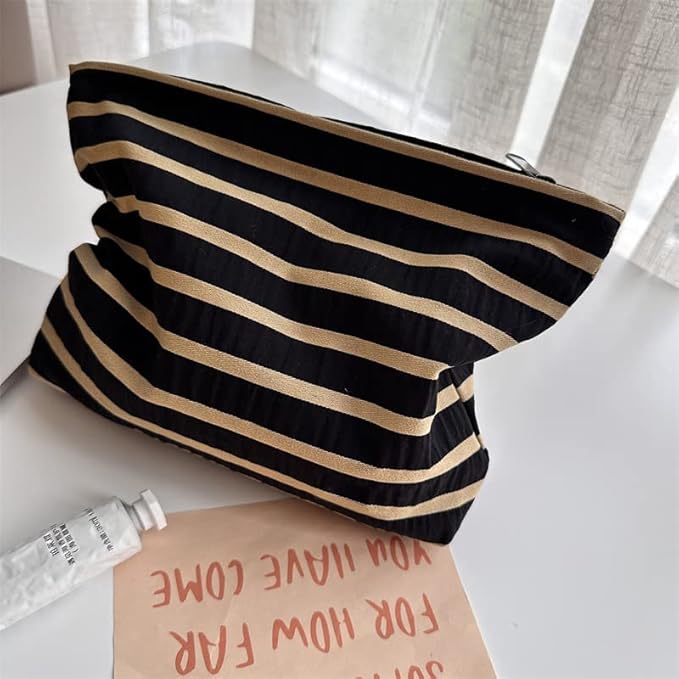 Flat Makeup Bag for Women,Zipper Cosmetic Pouch for Purse,Stripe Black