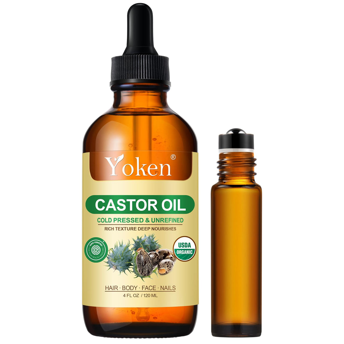 Yoken EWG Organic Castor Oil 32oz with Pump, Cold Pressed Hexane Free