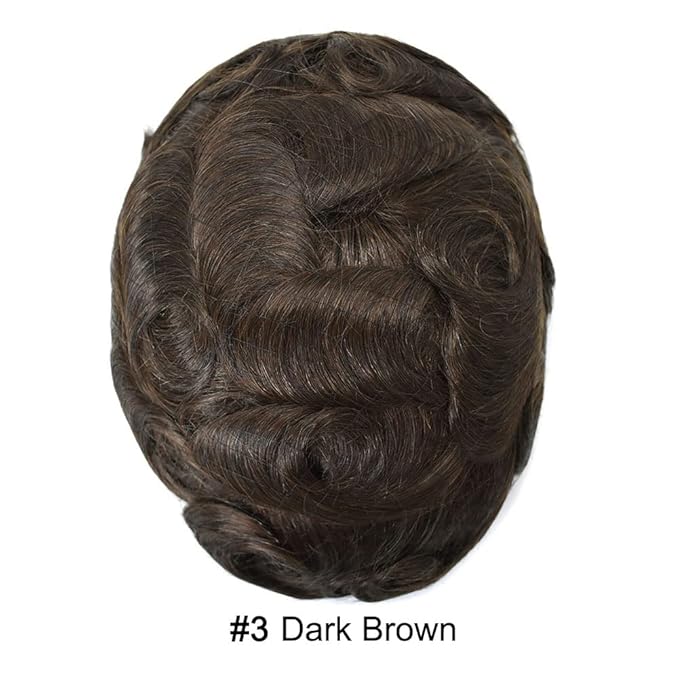 FACE MIRACLE Lace Front Mens Toupee Human Hair System Swiss Lace Center Toupee for Men Thin Skin PU Around Hair Replacement System V-Looped Mens Hair Wig Units 8"X10" 3# DARK BROWN
