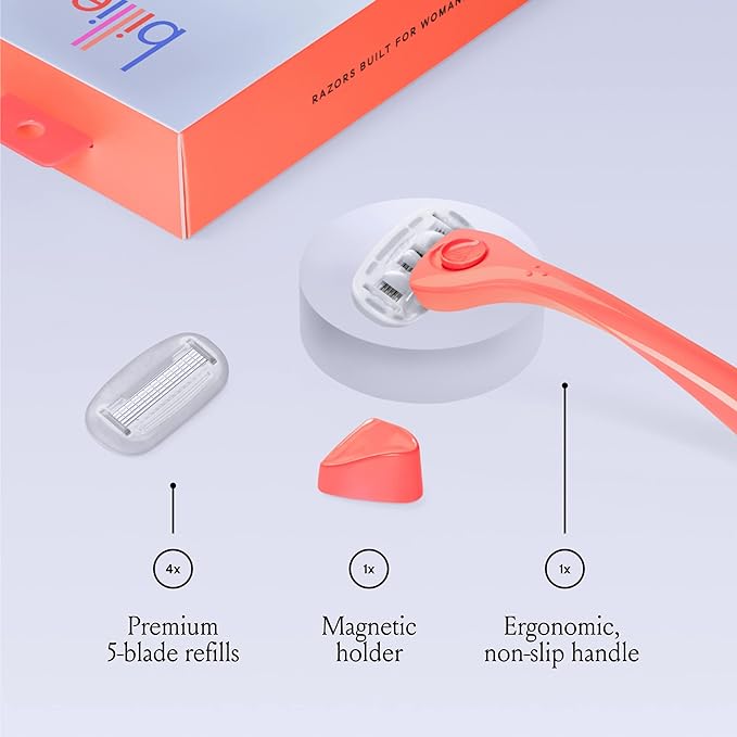 Billie Razors for Women, Coral - 1 Handle, 4 Refills & Magnetic Holder