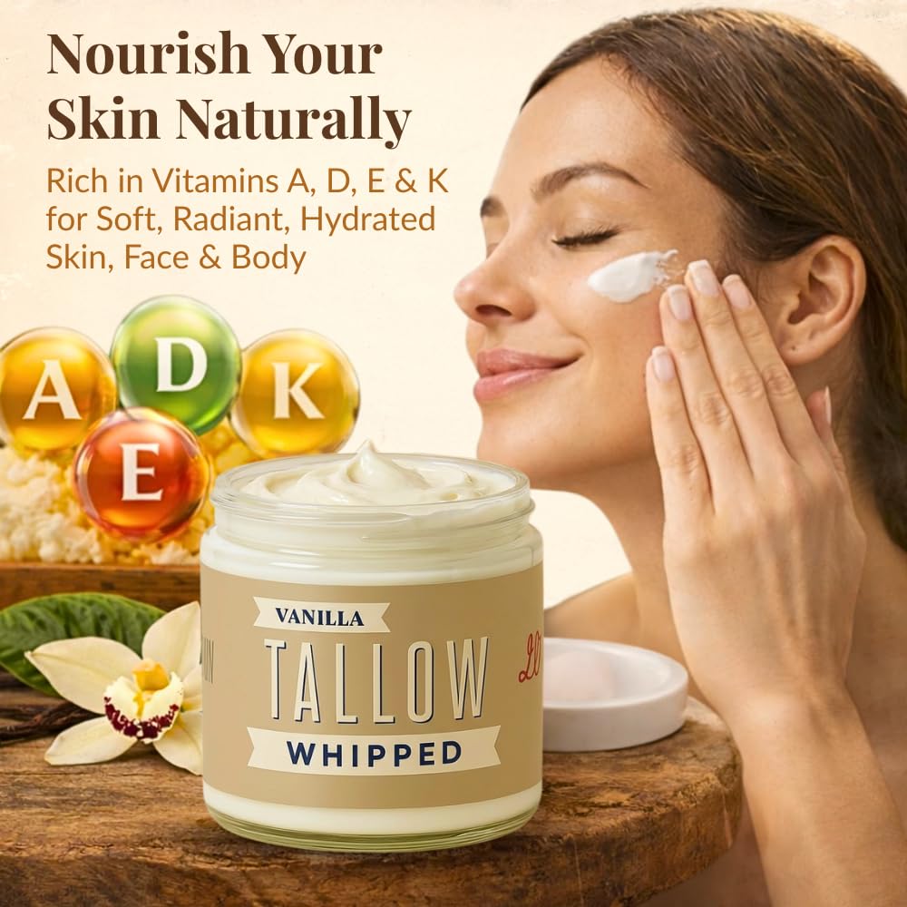 Lady May Tallow Whipped Tallow 9oz - All Natural Face Cream + Whole Body Moisturizer for Dry Skin - Made With Scented Oil Blend - No Preservatives, Parabens or Seed Oils - USA Made (Vanilla)