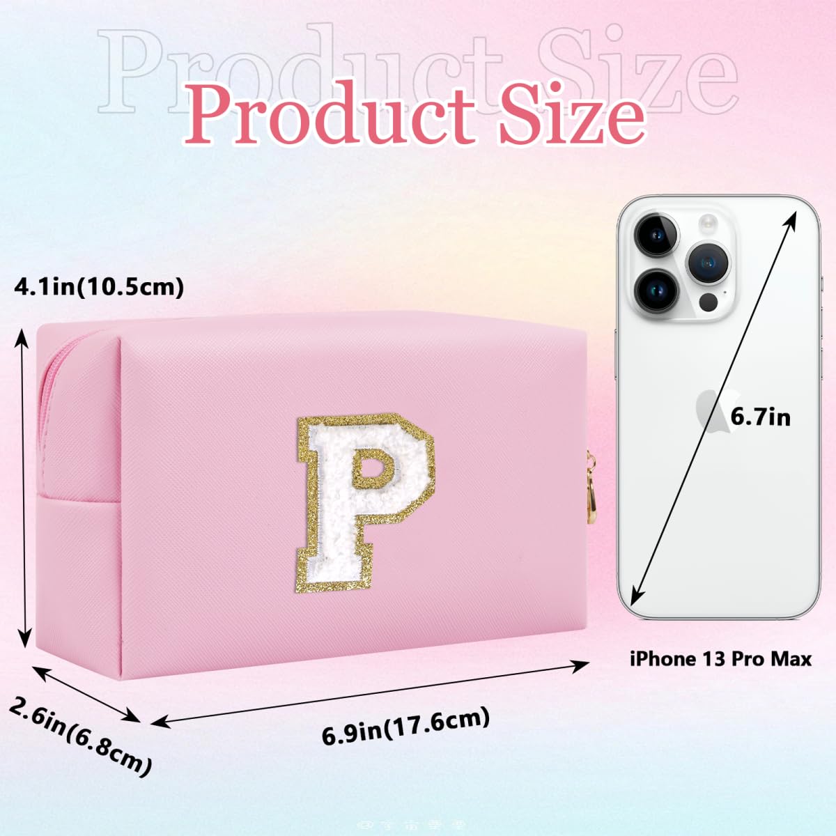 Small Personalized Letter Makeup Bag, Cute PU Leather Chenille Letters Cosmetic Bag Travel Makeup Pouch, Preppy Travel Organizer Zipper Pouch for Women&Girls（Pink-P）
