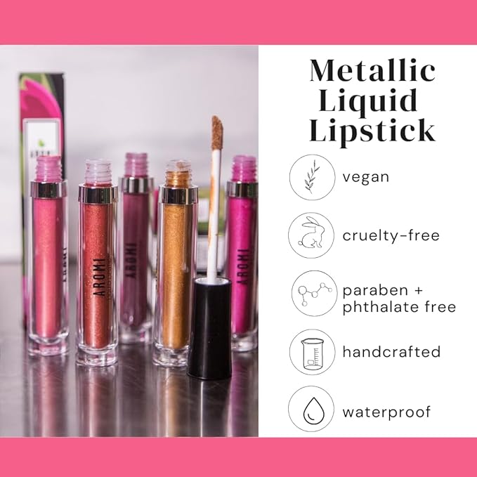 Aromi Rose Gold Metallic Liquid Lipstick - Peachy Pink, Coral Shade