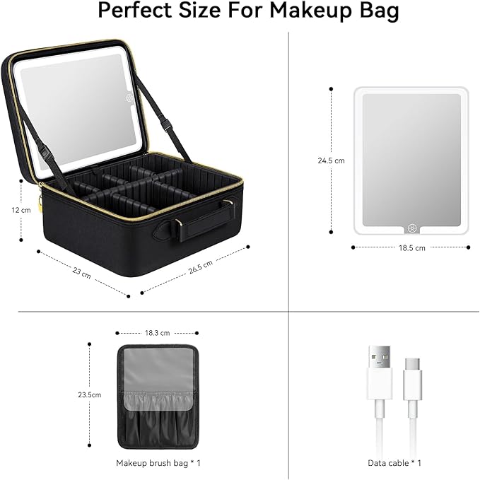 JUSRON Travel Makeup Bag With LED Mirror,Train Case with Light up Mirror, Portable Makeup Artist Organizer Bag with Adjustable Dividers, Makeup Brush Holder Storage(Black, Large)