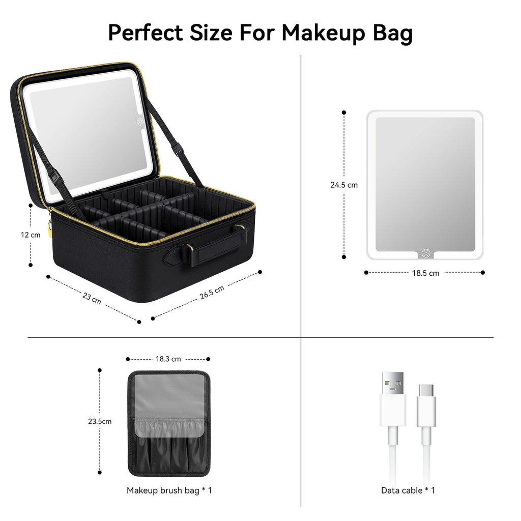 JUSRON Travel Makeup Bag With LED Mirror,Train Case with Light up Mirror, Portable Makeup Artist Organizer Bag with Adjustable Dividers, Makeup Brush Holder Storage(Black, Large)
