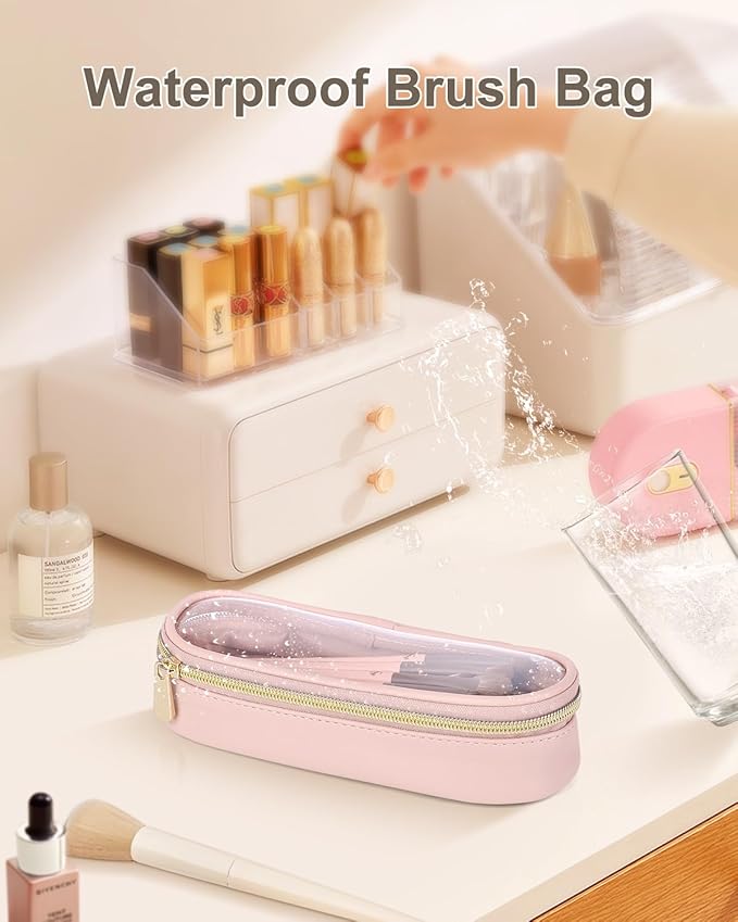 Soimeat Clear Travel Makeup Brush Holder, Leather Makeup Brush Toiletry Bag, Portable Cosmetic Brush Case, Transparent Waterproof Makeup Brush Storage Bag, Pink