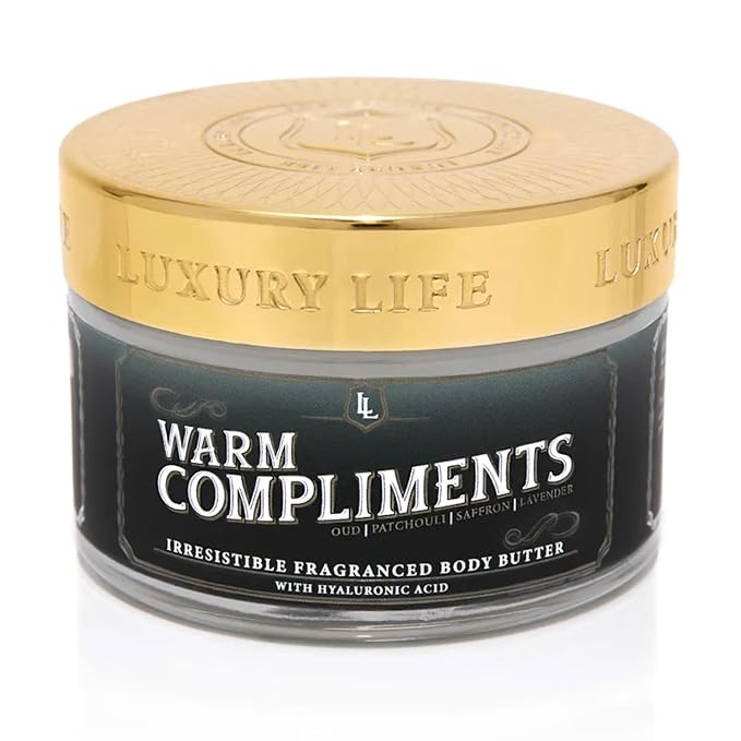 LUXURY LIFE BUTTER - 40% Extrait de Parfum Fragranced Body Butter with Hyaluronic Acid for Ultimate Moisture - Luxurious Room-Filling Natural Fragrances - Non-Greasy, USA Made, Warm Compliments, 5 oz